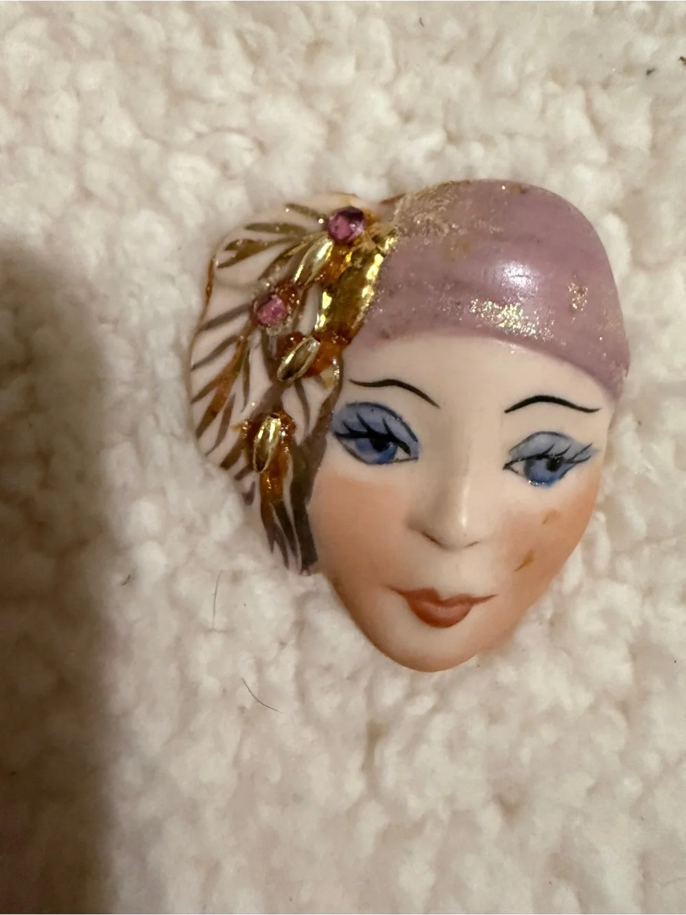 Pink Rose Porcelain Flapper Brooch in Pink, Blue and Gold